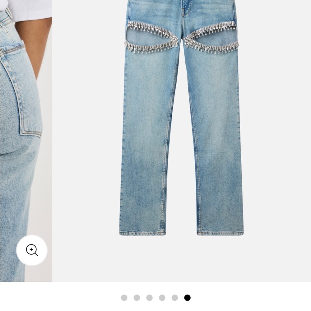 Good American Light Blue Straight Leg Jeans with Crystal Fringe Cutouts - Picture 3 of 7